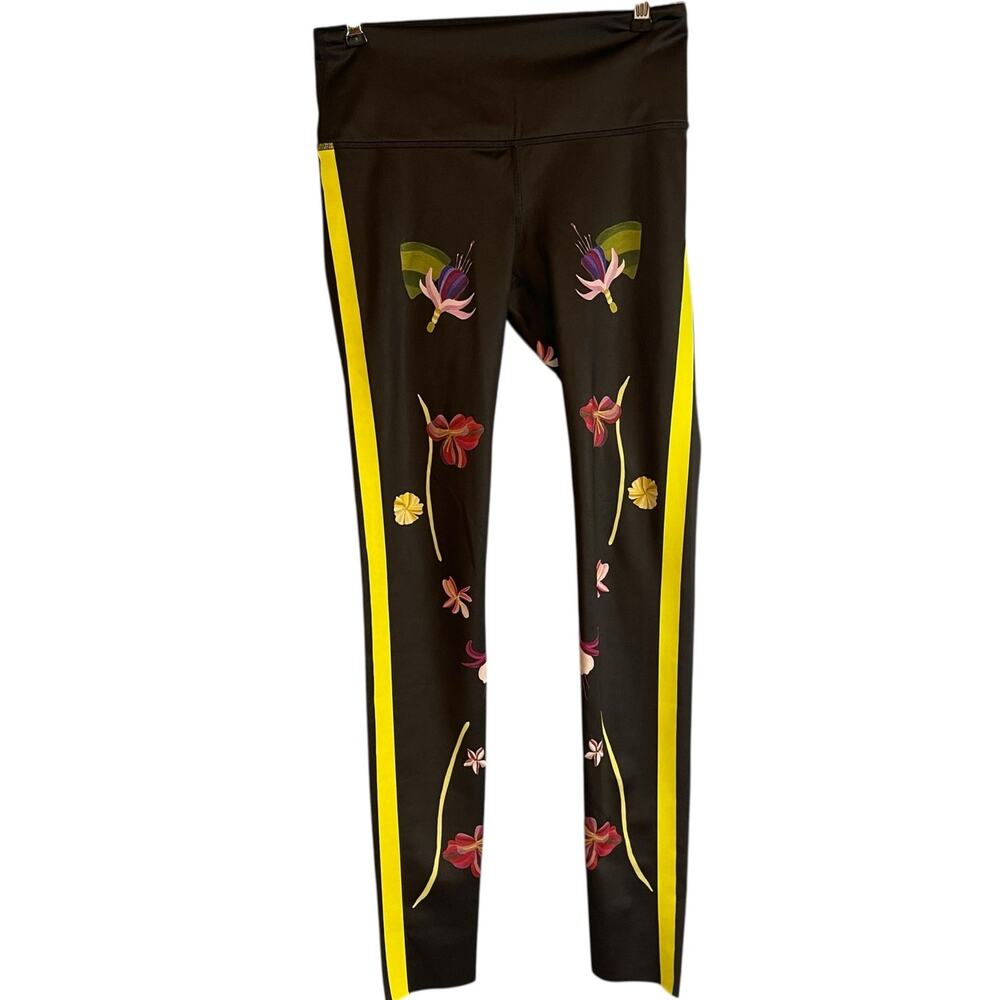 Noli Black Leggings with Yellow Side Stripes and Floral Print
